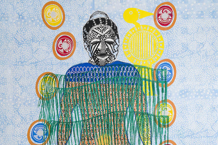 Alberto Pitta, Ogum Wari, o primeiro ourives de Oxum (série Ogum que São Sete), 2023. Paint and silk screen on canvas. 3.5 × 3 m. Courtesy: the artist and Nara Roesler. Photo: Flavio Freire