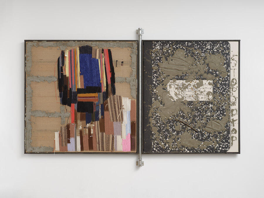 Alvaro Barrington, Stop Drop Open Up Shop N0924, Outside, 2025, 2025. Yarn, concrete and lock on burlap in steel frame, silkscreen, concrete and wooden stick on canvas in steel rebar frame, steel scaffold pole, 213 × 333 × 10 cm. Courtesy: the artist and Emalin