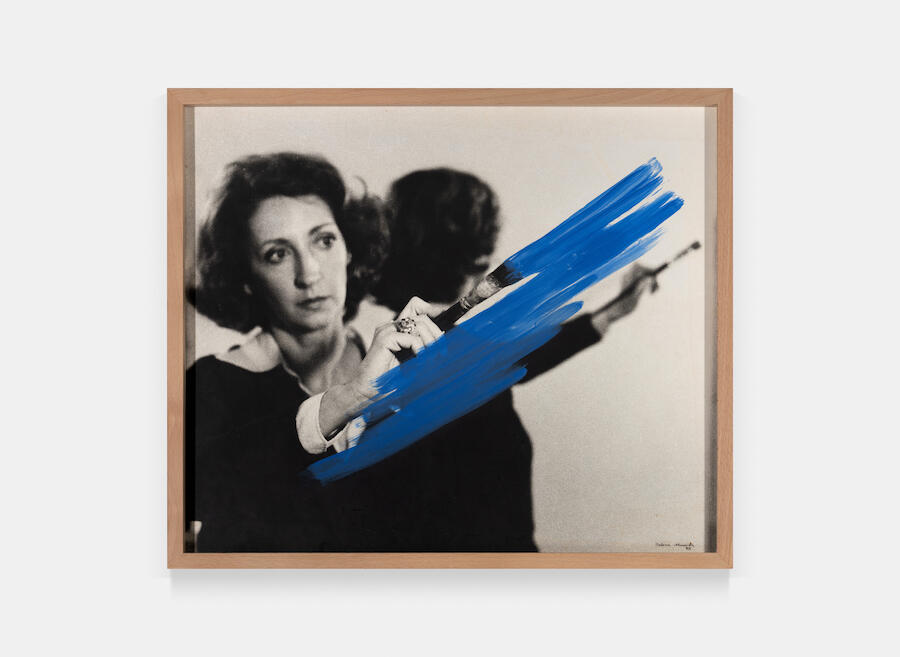 Helena Almeida, Pintura Habitada, 1975. Black and white photograph with blue acrylic paint, 44 × 52 cm. Courtesy: Galeria Francisco Fino. Photo: carbonara.st 