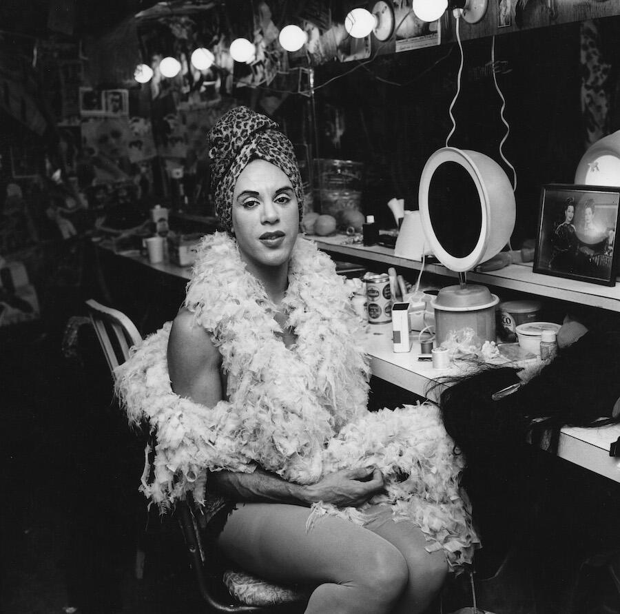 Peter Hujar, Mario Montez Backstage at the Palm Casino Revue, 1974. Vintage gelatin silver print, 34 cm × 34 cm (image). © The Peter Hujar Archive, LLC, Courtesy: Pace Gallery