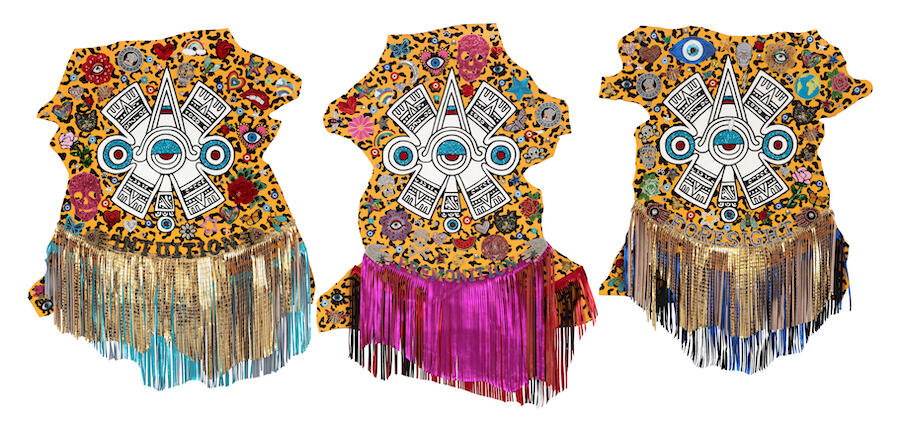 René Treviño, Intuition, Premonition, Foresight, 2022. Acrylic and mixed media on leather, 1.3 × 2.8 m. Courtesy: the artist and Erin Cluley Gallery